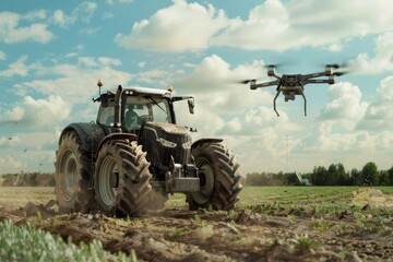 Obraz premium Modern technologies in agriculture. An industrial drone flies over a green field. Neural network ai generated