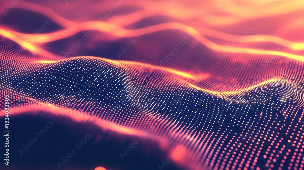 Poster abstract visualization of flowing waves created by colorful digital particles, suggesting movement a