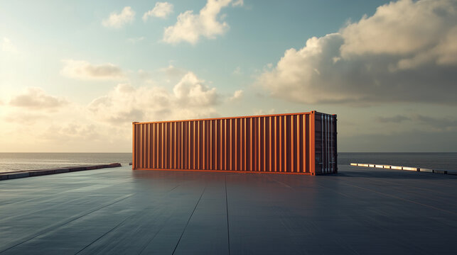 Set against the backdrop of a busy port, the container stands ready for transport and logistics operations.
 - Powered by Adobe