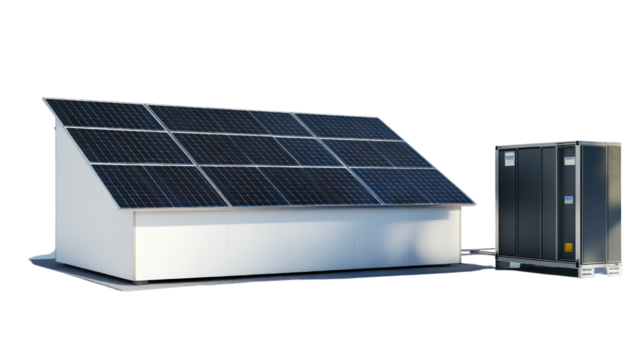 Solar panels on a modern house with a battery storage system, showcasing renewable energy solutions for sustainable living.