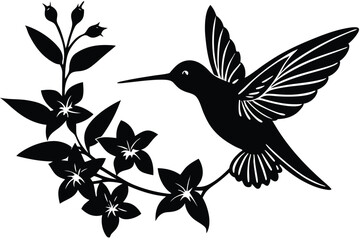 Obraz premium Elegant Hummingbird Silhouette with Floral and Leafy Branch Design