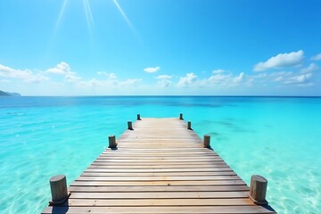Obraz premium wooden pier on the sea, Turquoise Ocean with Wooden Pier, Tropical Tranquility