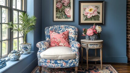 Elegant floral armchair and decor cozy living room interior design bright natural light inviting atmosphere