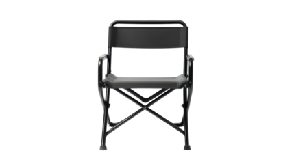 Stylish black folding chair on a white isolated background, perfect for modern interiors and outdoor settings.