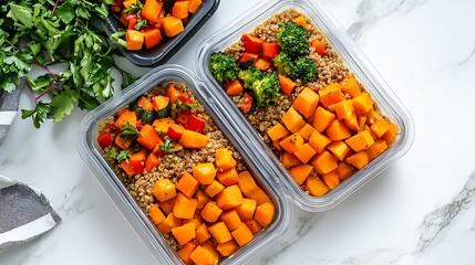 Meal prep containers filled with vibrant vegetables and grains, showcasing healthy eating options for a balanced diet.