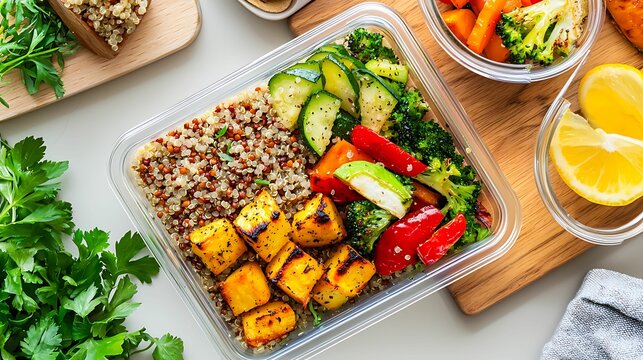 A vibrant meal prep box featuring quinoa, roasted vegetables, and fresh herbs, promoting healthy eating and balanced nutrition.