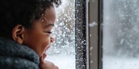 Fototapeta premium Child Observing Snowfall Through Window