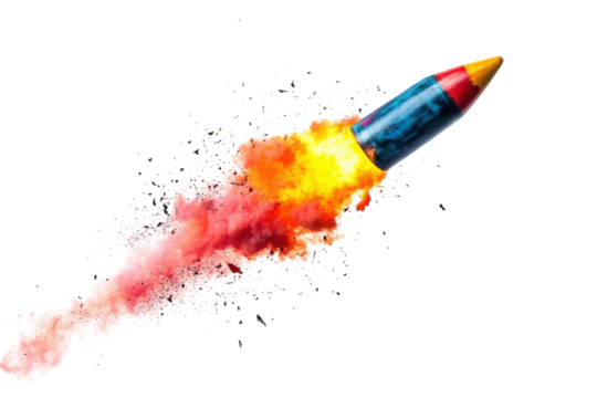 A vibrant rocket blasting off against a clear sky, leaving a trail of smoke and sparks behind isolated on transparent background