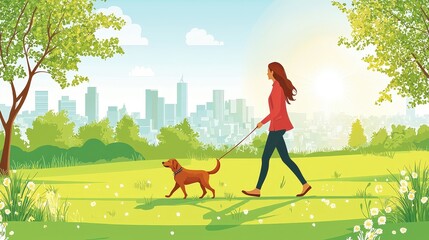 A professional pet sitter walking a dog in a peaceful park, with trees, grass, and a relaxed, sunny atmosphere.