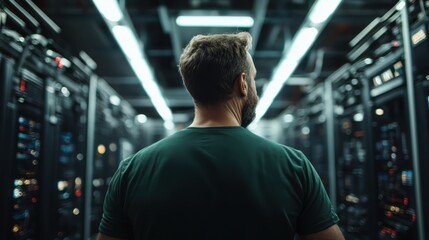 A person in a green shirt is facing a wall of servers, embodying the essence of technology and data management in a contemporary digital workspace.