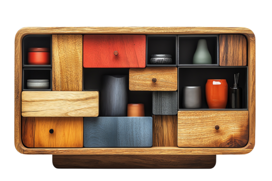Stylish wooden storage cabinet with colorful drawers and compartments, ideal for organizing home decor and accessories, isolated on white background.