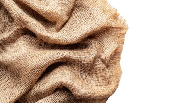 Textured fabric detail of a woven burlap textile, showcasing natural fibers and earthy tones, isolated on white background.