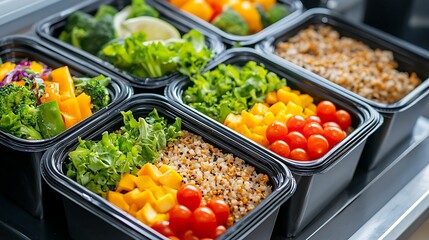 Meal prep containers filled with colorful vegetables, grains, and healthy ingredients, showcasing a nutritious and organized food storage solution.