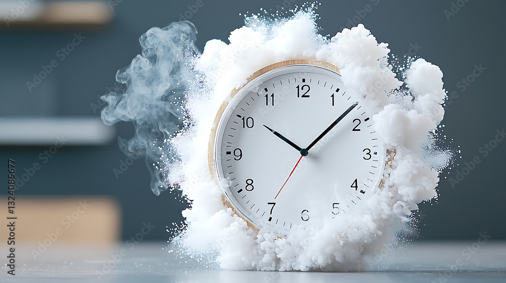 Poster Dynamic clock surrounded by clouds abstract concept studio environment close-up view time and change exploration
