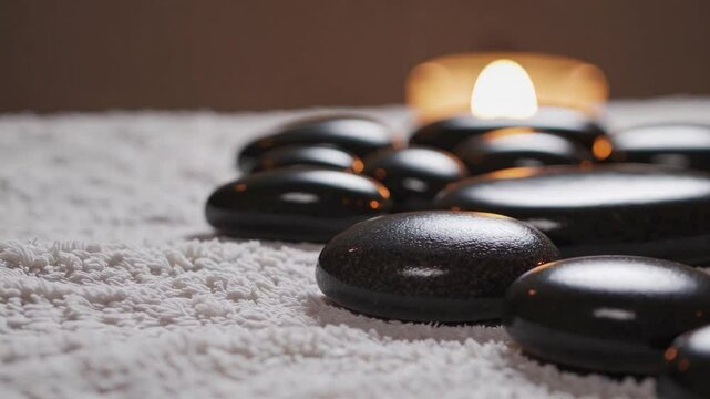 ultra-high-definition cinematic close-up shot of a row of perfectly polished volcanic massage stones, carefully arranged on a soft white towel.