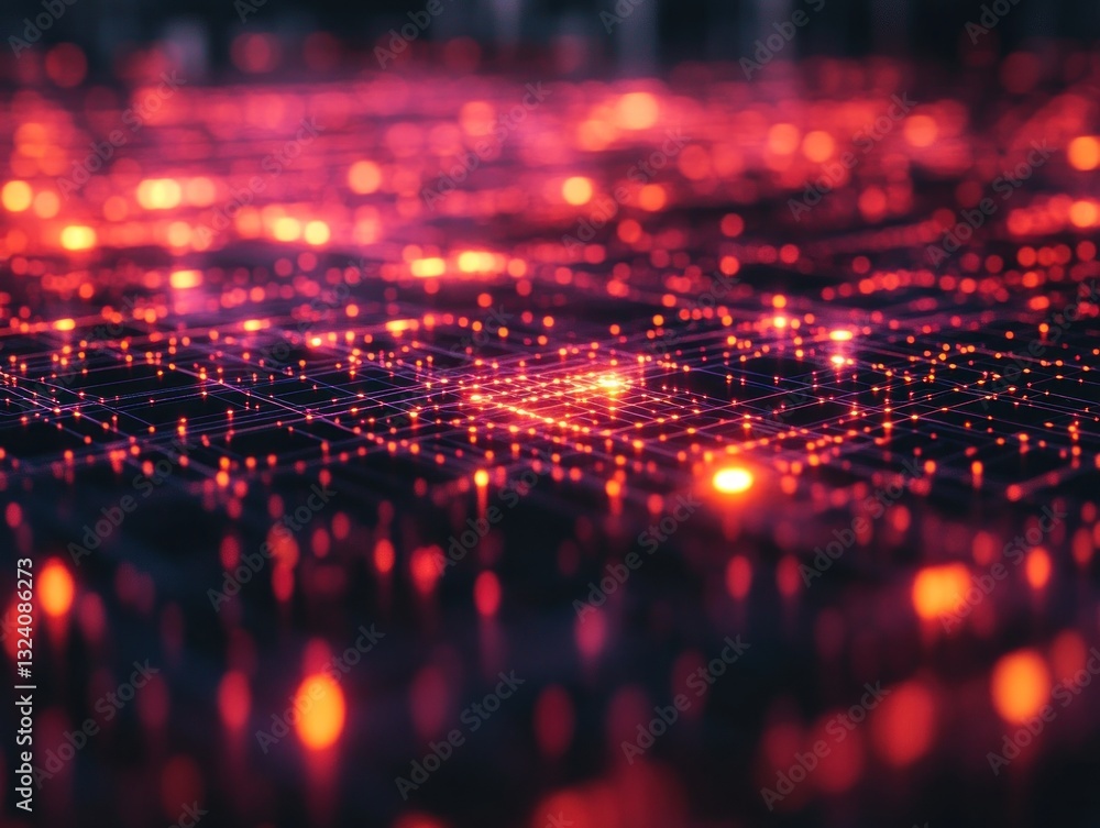 Poster abstract digital landscape with glowing nodes and connections in a dark setting
