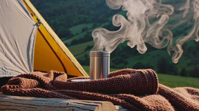 , ultra-high-definition cinematic close-up shot of a cozy camping setup outside a bright yellow tent. A steaming cup of coffee sits next to an open book, its pages fluttering slightly in the crisp mor