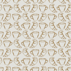 Seamless pattern on coffee and food theme with cups and croissants on beige background in graphic vintage style, can be used for packaging, holiday cards, websites, textiles