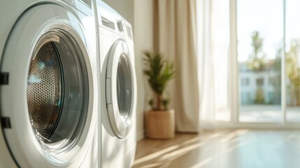 A well-lit home laundry area featuring modern washing machines and a calming view through the window, adorned with a touch of greenery for a refreshing ambiance.