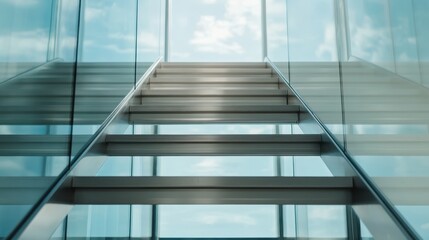 Obraz premium A stunning view of a modern staircase made from glass and metal, illuminated by soft lighting, creating a captivating and dynamic visual experience.