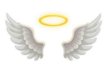 Obraz premium Bring a heavenly aesthetic to your visual content with these charming cartoon angel wings and a luminous golden halo, set against a seamless white background.