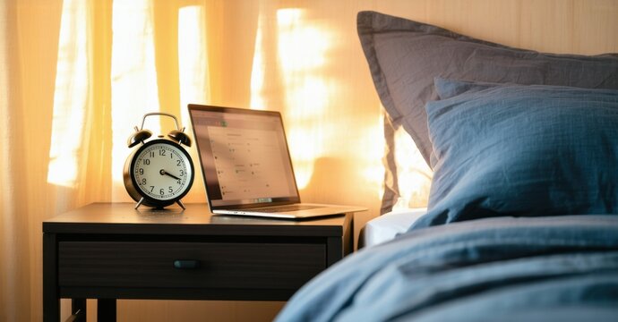 Minimalist bedside table with analog clock and closed laptop warm soft lighting symbolizing digital detox and better sleep habits