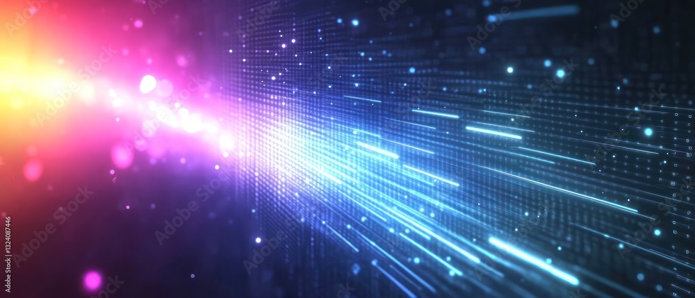 Poster vibrant abstract light trails in a digital environment with bokeh effects