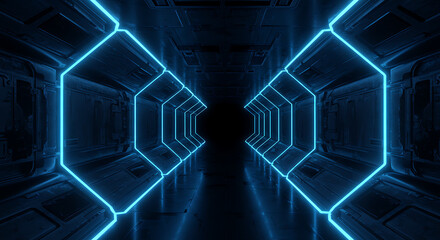 Blue Hexagon Technology Corridor Tunnel Abstract Background. Futuristic blue hexagon technology corridor with glowing neon lines creating symmetrical tunnel perspective.