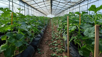 Row of plants being grown in a greenhouse setting