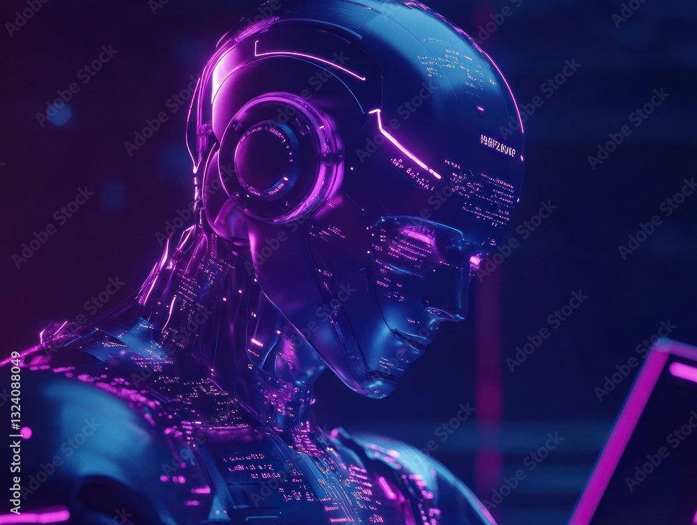 Poster a futuristic humanoid robot with glowing circuits engages with technology in a vibrant neon-lit envi