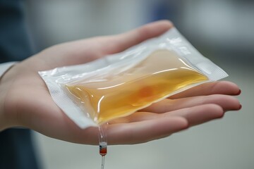 a person holding a bag of medicine for intravenous treatment.