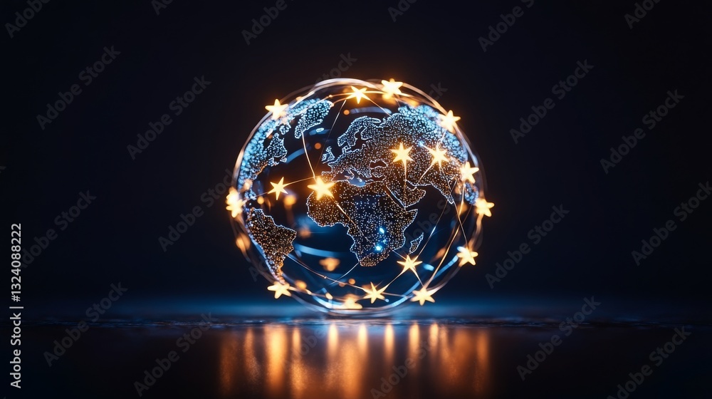 Poster glowing globe with interconnected stars and a digital world design illuminated in dark