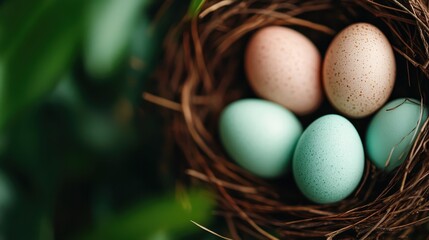 A captivating nest filled with colorful eggs sits surrounded by lush green leaves, symbolizing nature's artistry and the continuity of life in a serene environment.