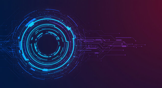 Futuristic Digital Technology Interface HUD Circle Background. Modern sci-fi concept featuring circuit board design, data visualization, and holographic display elements on dark purple background