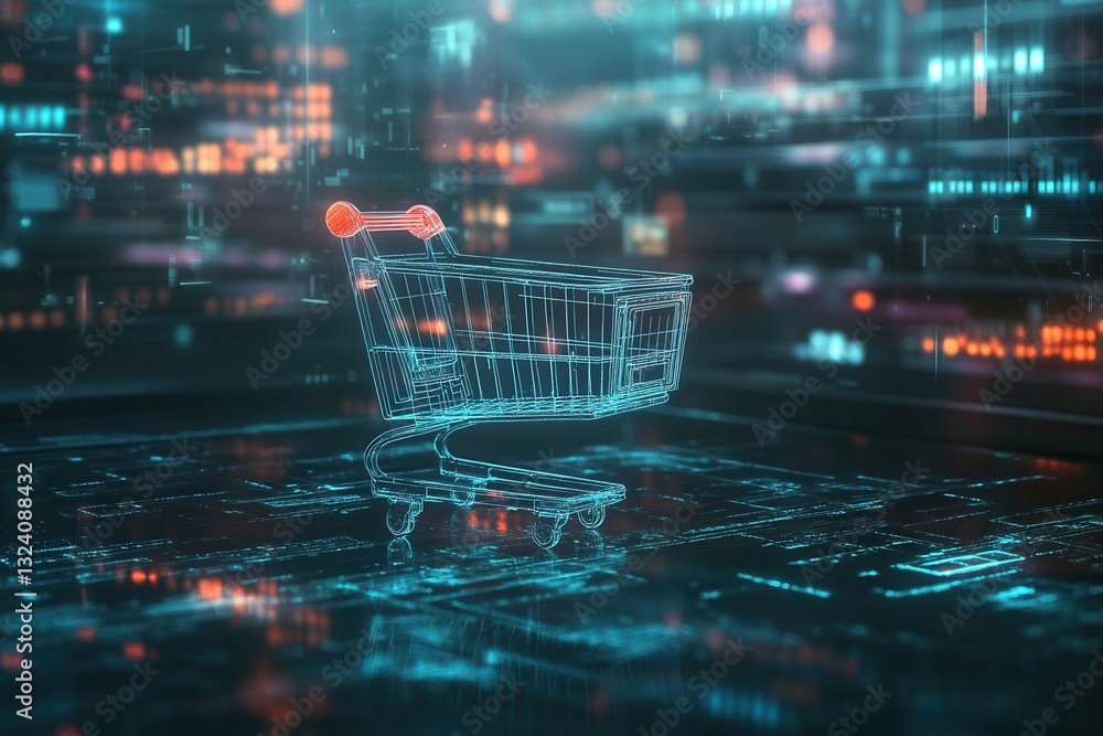 Poster futuristic shopping cart floats in a glowing digital space with cyberpunk aesthetics