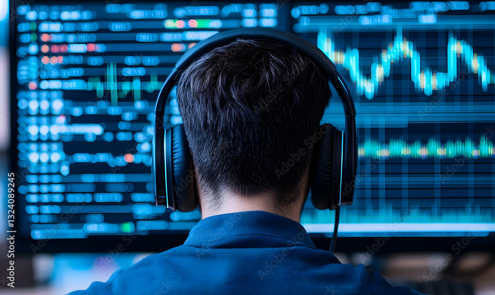 Poster person analyzing data on computer screen with headphones on