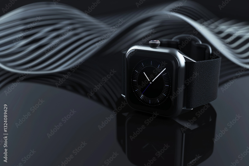 Poster modern smart watch with dynamic graphic display against a background of glowing lines, technology, s