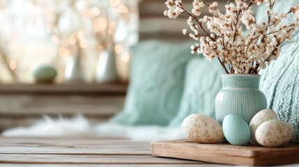 A serene and beautifully arranged spring decoration featuring pastel-colored Easter eggs and soft floral accents in a cozy setting that invites warmth and joy.