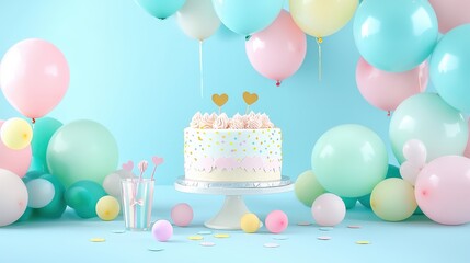 A delightful baby shower setup with pastel balloons, a themed cake, and cute baby decorations.