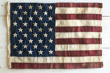 Antique US Flag for White Wood Background.
