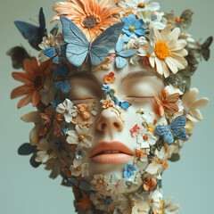 A woman's face is covered in flowers and butterflies. The image is a work of art, with the flowers and butterflies creating a whimsical and dreamy atmosphere
