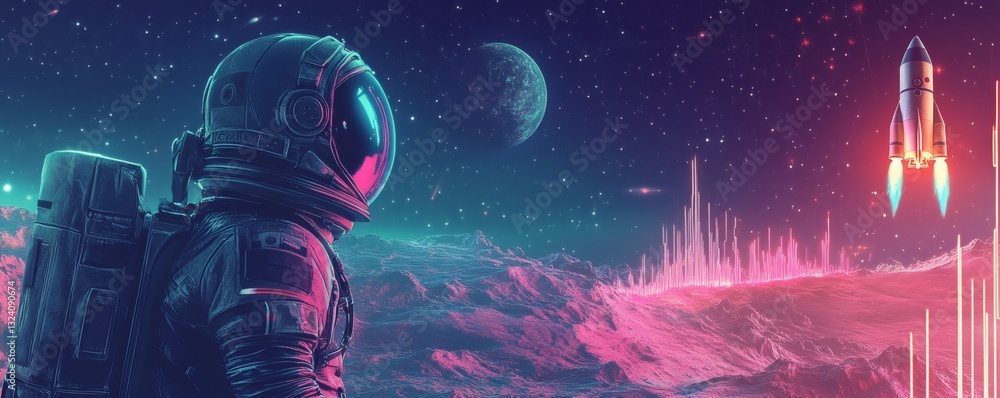 Poster an astronaut observing a rocket launch from an alien planet surface
