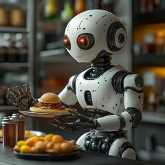 A robot is holding a plate with a hamburger on it. The robot is in a kitchen setting