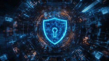 Obraz premium Glowing Cybersecurity Shield and Encrypted Data Network