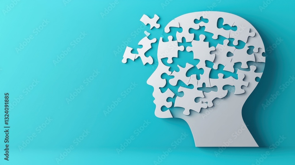 Aufkleber disassembled brain puzzle pieces arranged on a vibrant blue background symbolizing the process of in
