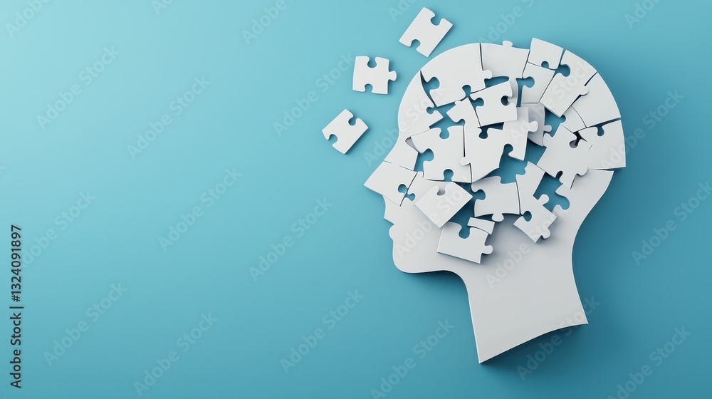 Poster creative jigsaw puzzle in the shape of a human head symbolizing the power of the mind problem solvin