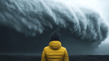 A person in a yellow jacket stands against a dramatic, swirling storm cloud, evoking a sense of awe and impending weather.