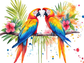 Fototapeta premium set of two tropical Birds Watercolor Painting Scarlet Macaw Blue and gold Macaw Exotic Flowers Lush Foliage, PNG file isolated on transparent background cut out, clipping path, social media, close up,
