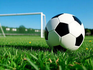 Fototapeta premium closeup football ball on grass with football stadium in night with light ,background.