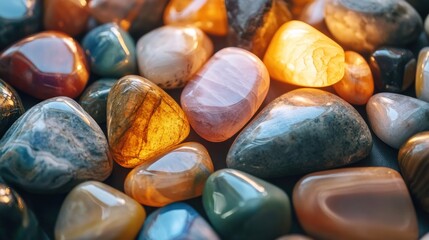 A collection of polished tumbled stones including jasper, agate, and quartz, glowing under soft lighting --ar 16:9 --v 6.1 Job ID: 7e8c7a9f-c31d-4969-9253-acf0ebeb2ca5